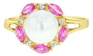 7MM Freshwater White Pearl & Ruby Diamond Halo Ring 14k Yellow Gold, Size 4