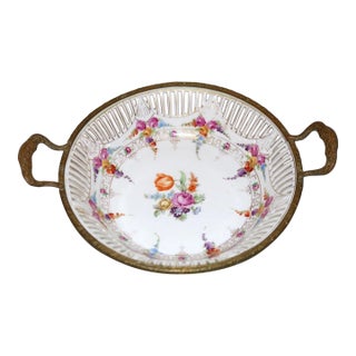 Antique Schumann Bavaria Bronze Mounted Porcelain Reticulated Floral Bowl Dish For Sale
