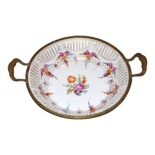 Antique Schumann Bavaria Bronze Mounted Porcelain Reticulated Floral Bowl Dish For Sale