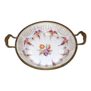 Antique Schumann Bavaria Bronze Mounted Porcelain Reticulated Floral Bowl Dish