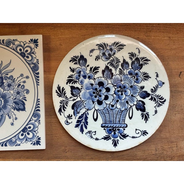 Rustic European Vintage Blue and White Delft Floral Trivet Tiles, a Pair For Sale - Image 3 of 6