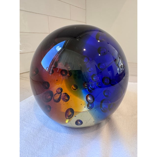 Large 10 Lbs. Studio Art Glass Sphere Controlled Bubble Orb Murano Style Decor Rainbow Paper Weight For Sale - Image 12 of 13