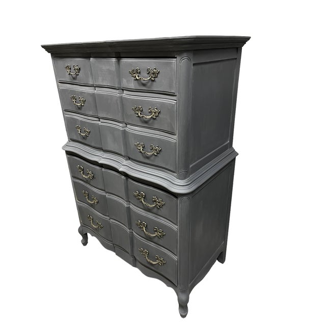 Vintage Tall 6 Drawer Dresser Painted Deep Gray French Hardware Natural Wood Top For Sale - Image 11 of 12
