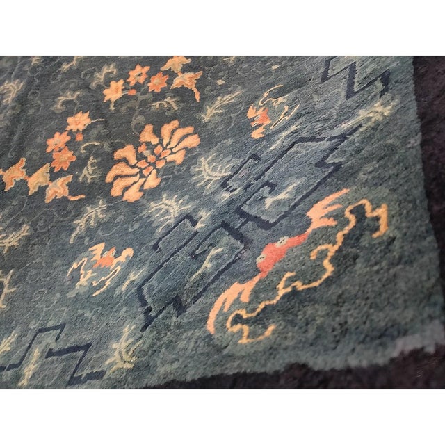Late 19th Century Room Size Blue Damask Chinese Knotted 1890s Antique Wool Rectangle Peking Rug For Sale - Image 5 of 5
