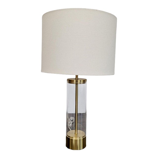 West Elm Modern Acrylic & Brass Table Lamp With White Shade For Sale