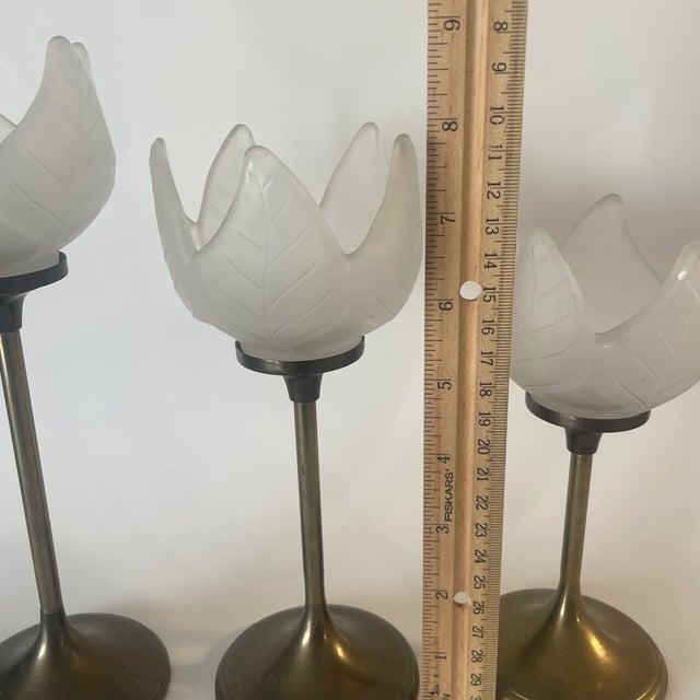 1980s Frosted Glass Tulip Tea Light Candle Holder With Brass Stems - 3 For Sale - Image 5 of 5