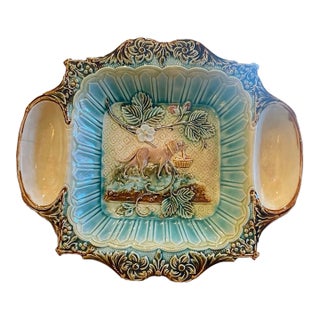 Antique French Turquoise Majolica Strawberry Server Platter, Circa 1890 For Sale