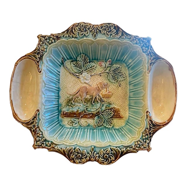 Antique French Turquoise Majolica Strawberry Server Platter, Circa 1890 For Sale