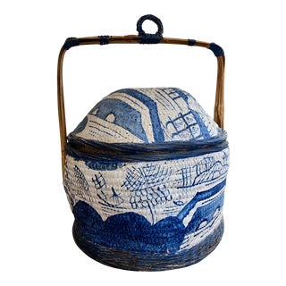 1980s Chinese Blue and White Painted Wicker Basket For Sale