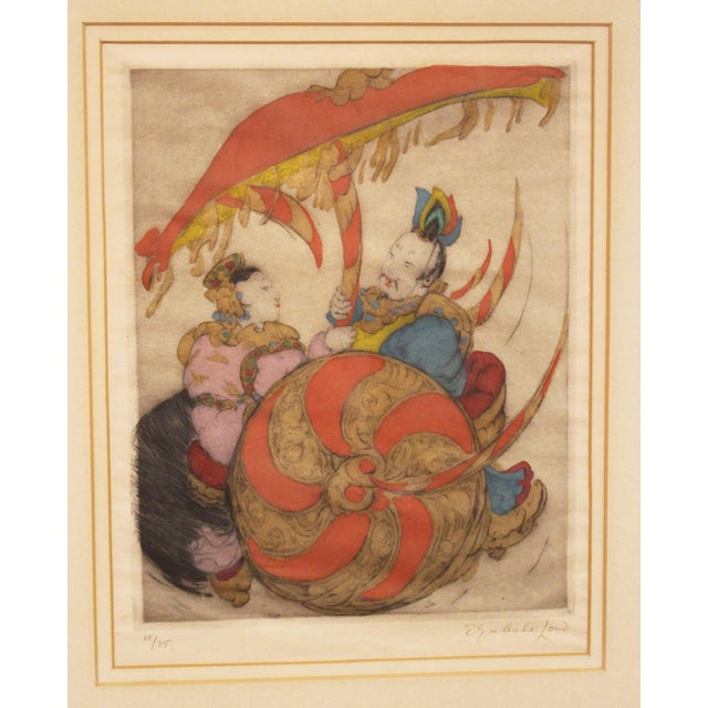 Listening to Music drypoint etching by Elyse Ashe Lord, circa 1920s-30s. With hand & woodcut color printing. Elyse Ashe...