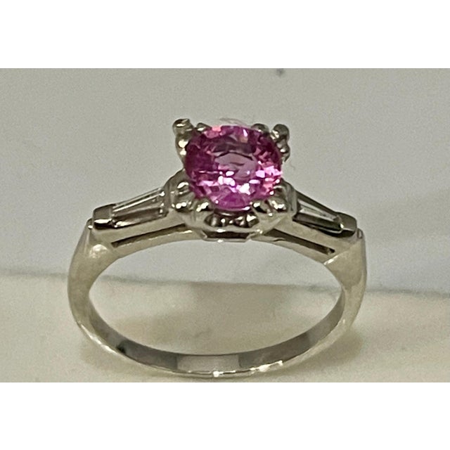 1 Ct Round Pink Sapphire 2 Baguettes Diamond in Platinum Ring, Estate For Sale - Image 11 of 18