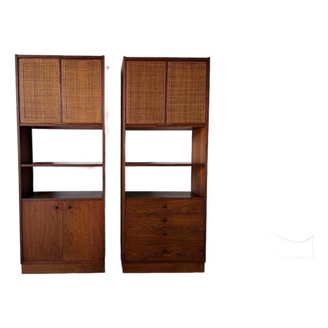 1960s Mid-Century Modern Jack Cartwright for Founders Furniture Walnut & Cane Storage Cabinets – A Pair For Sale