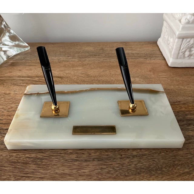 A beautiful, mid-century, banded onyx, "Magnetix Desk Set" from Parker Pens. Pedrara onyx marble base and a green felted...