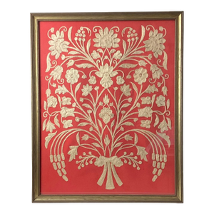 Antique Hand Embroidered White Stitches on Red Background, Framed