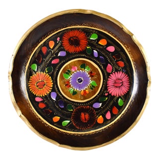 Vintage Hand Painted Lacquered Floral Mexican Batea Bowl For Sale