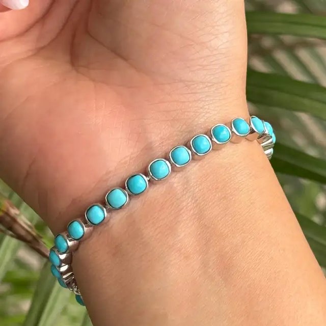925 Silver Cushion Cut Turquoise Bezel Set Tennis Bracelet- Birthday Gifts for Him For Sale - Image 4 of 8