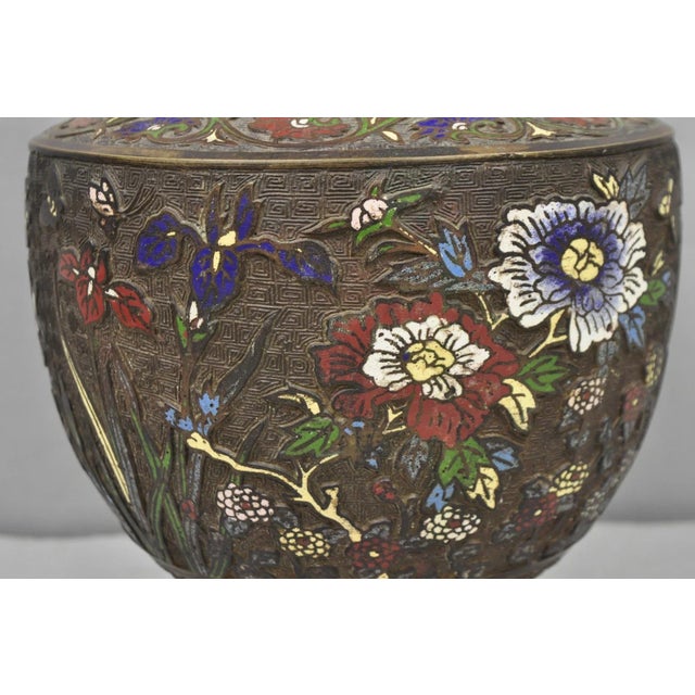 Early 20th Century Antique Japanese Champleve Cloisonne Enamel Bronze Twin Handle 14" Vessel Vase For Sale - Image 5 of 12