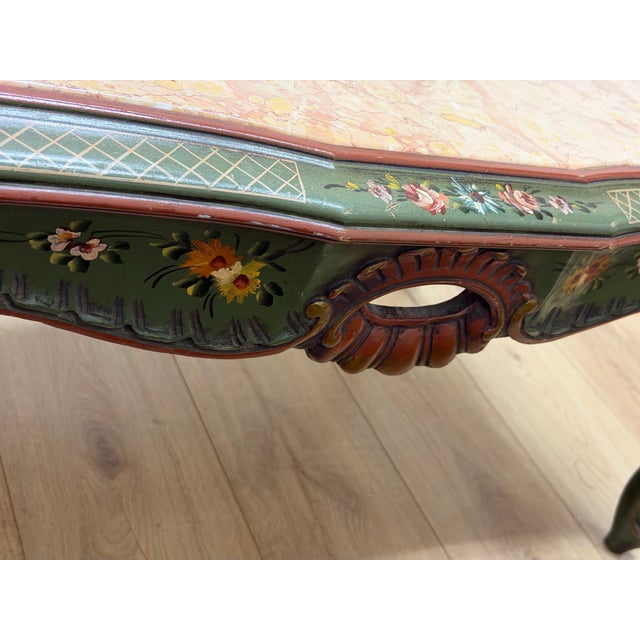 Vintage Painted Italian Venetian-Style Chinoiserie Low Coffee Table With Marble Top For Sale - Image 11 of 12