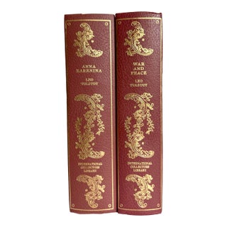 Vintage International Collectors Library Tolstoy Book Set – Anna Karenina & War and Peace in Red Leather For Sale