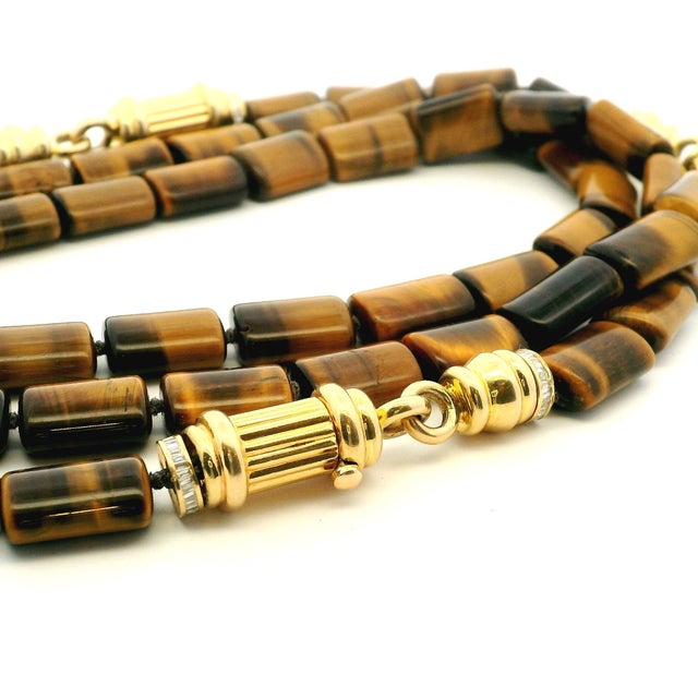 Italian 1980s Italian 14k Gold Tiger’s Eye Diamond Sautoir Necklace For Sale - Image 3 of 15