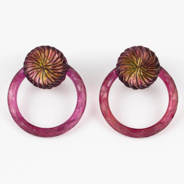 Mid-Century Modern Monique Vedie Paris Resin Clip Earrings Raspberry Purple Hoop - 2 Pieces For Sale - Image 3 of 5