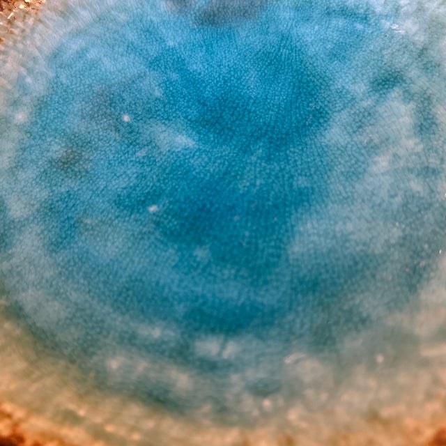 Cerulean Burnt Edge Iridescent Blue Green Glazed Small and Large Plate/Shallow Bowl For Sale - Image 8 of 12