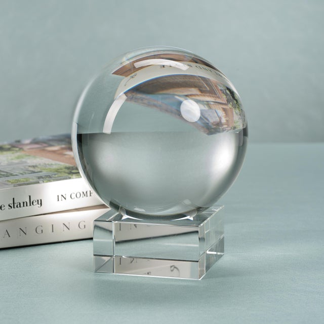 Contemporary Sakinah Decorative Crystal Glass Orb on Base, Large, Clear For Sale - Image 3 of 3
