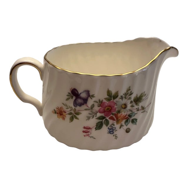 Vintage Minton "Marlow" Pattern Creamer Bone China England Twist Texture Floral Design Gold Trim For Sale