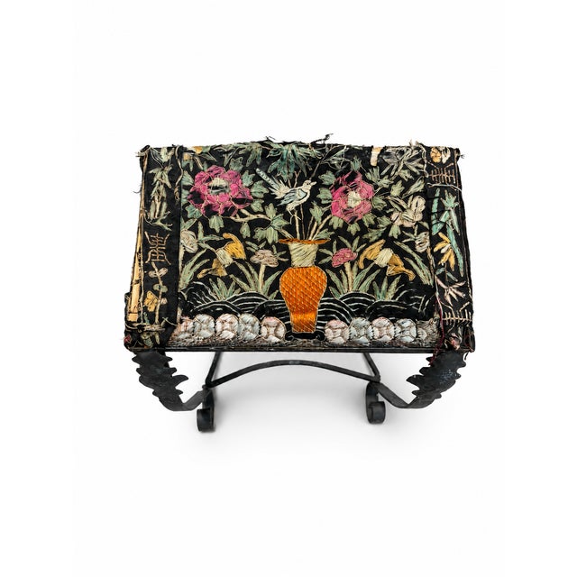 Antique Metal Vanity Stool With Tattered Chinoiserie Needlework Seat For Sale - Image 10 of 10