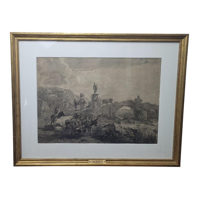 1800s Nicolaes Berchem Matted and Framed Pastoral Landscape Engraving For Sale