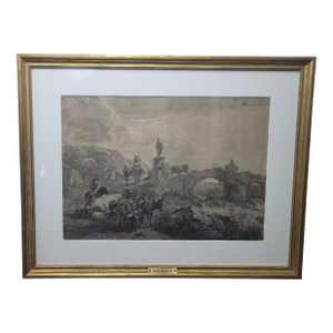 1800s Nicolaes Berchem Matted and Framed Pastoral Landscape Engraving