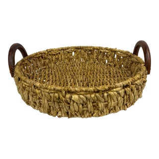 Late 20th Century Woven Seagrass Tray With Wooden Handles — Coastal Organic Style For Sale