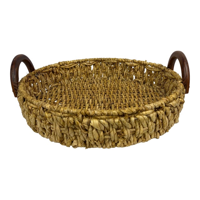 Late 20th Century Woven Seagrass Tray With Wooden Handles — Coastal Organic Style For Sale