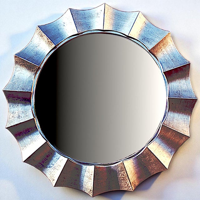Glass Large Contemporary Scalloped Silvertoned Round Wall Mirror For Sale - Image 7 of 14