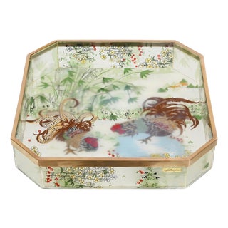 Octagonal Floral Acrylic Glass and Brass Serving Tray by Alberto Sordi, Italy, 1970s For Sale