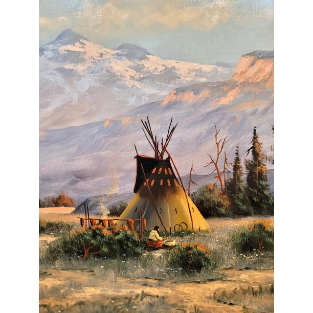 Wood Heinie Hartwig -Indian Camp W/Teepees in the Rocky Mountains-Oil Painting For Sale - Image 7 of 10
