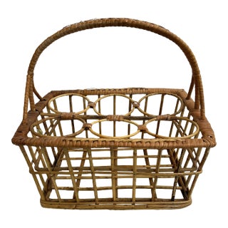 Vintage Bamboo and Wicker 6 Bottle Wine Caddy For Sale