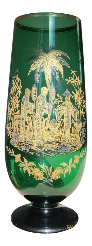 Early 20th Century Green Crystal Glass Etched Gold & Silver Gilt Chinoiserie Vase