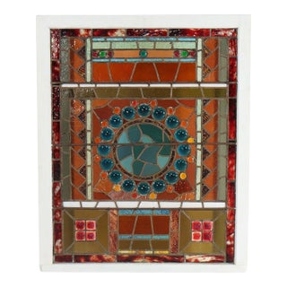 Antique Aesthetic Stained & Jeweled Leaded Glass Window With Stylized Globe For Sale