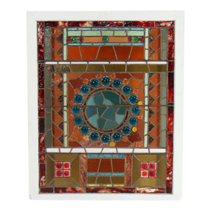 Antique Aesthetic Stained & Jeweled Leaded Glass Window With Stylized Globe