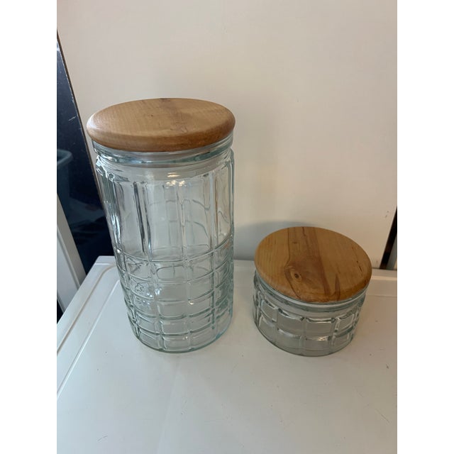 Tan Two Glass Canisters Wood Tops For Sale - Image 8 of 8