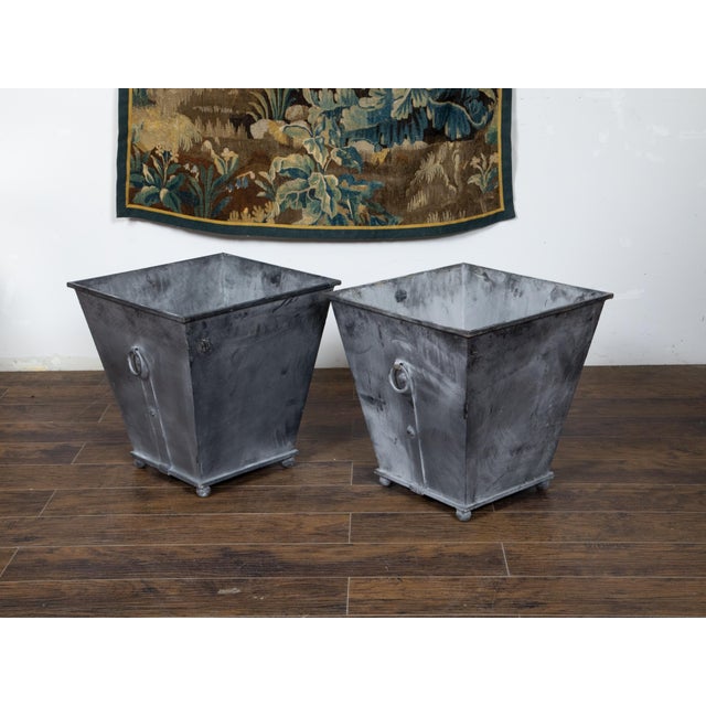 Pair of Industrial Style Grey Metal Planters with Tapered Lines and Ring Pulls For Sale In Atlanta - Image 6 of 11