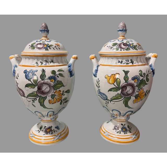 Pair of Antique French Faience Floral Hand Painted Double Handled 15" Vases Urns W Lids For Sale - Image 9 of 12
