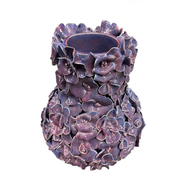 Vintage Italian Hand-Sculpted Floral Ceramic Vase - Purple Glazed Encrusted Blossom Urn For Sale - Image 4 of 12