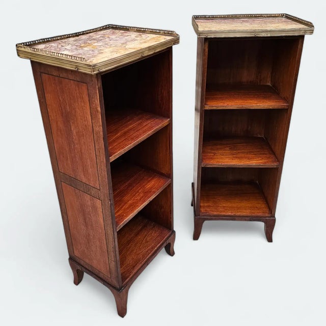 Wood Antique Pair of 19th Century Slender French Directoire Style Mahogany Marble Topped Diminutive Open Bookcases For Sale - Image 7 of 11