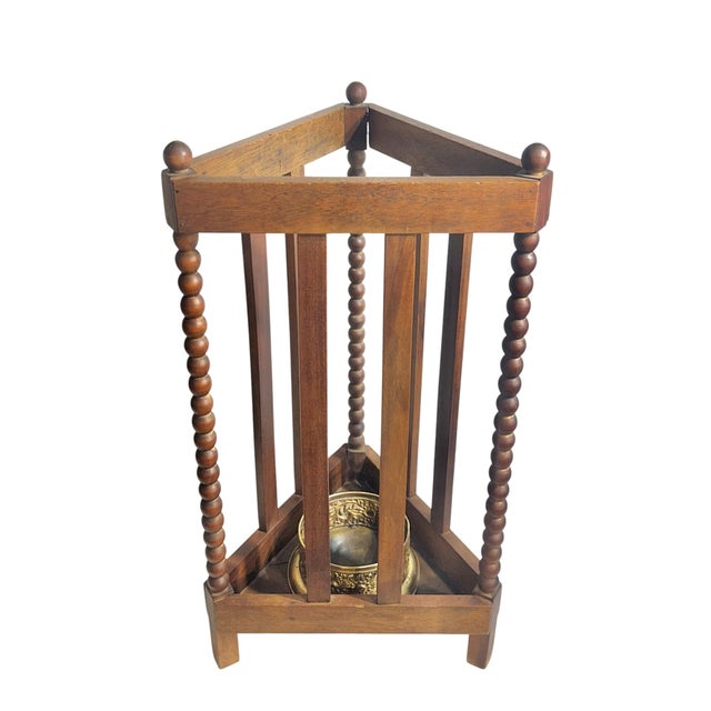 English Antique English Bobbin-Turned Oak Umbrella & Cane Stand With Brass Liner For Sale - Image 3 of 16