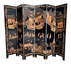 Early 20th Century Asian Palace Theme Six Panel Lacquer Screen