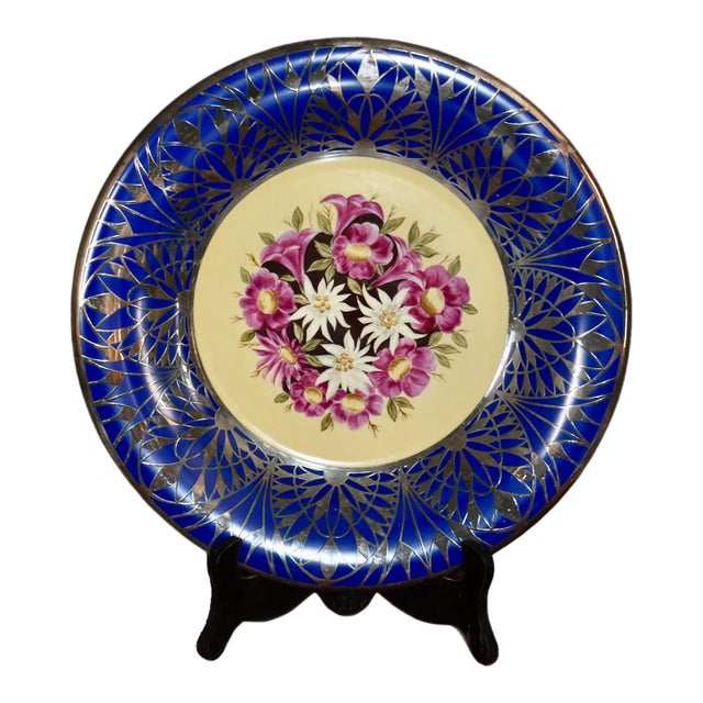 Vtg. Colbalt Blue, Floral Bouquet W/Silver Overlay Plate Made in Germany For Sale