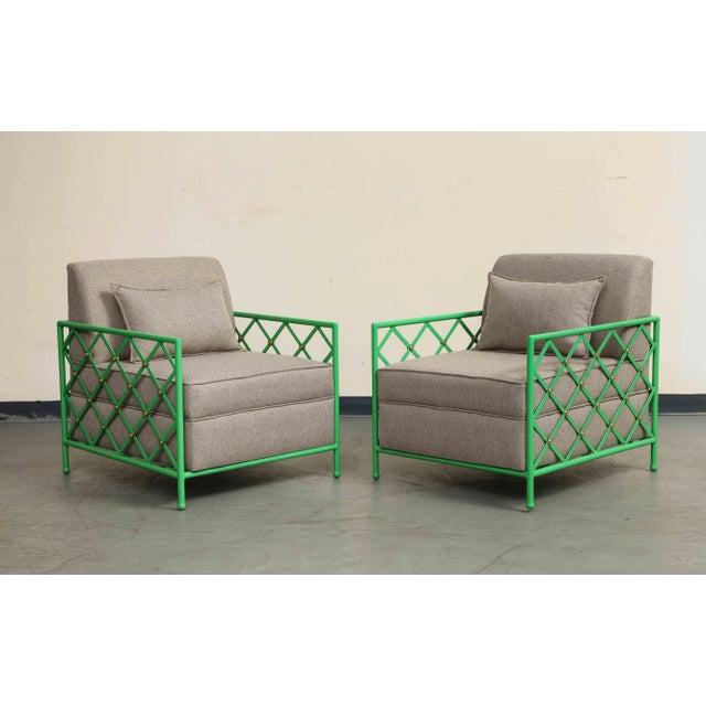 Pair of Jean Royere Style Vintage Bright Green Enameled Iron Cube Lounge Chairs For Sale - Image 13 of 13
