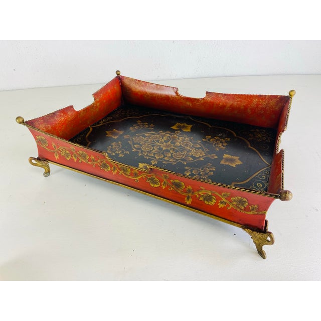 Red Vintage Hand-Painted Tole Ware Galley Tray For Sale - Image 8 of 10